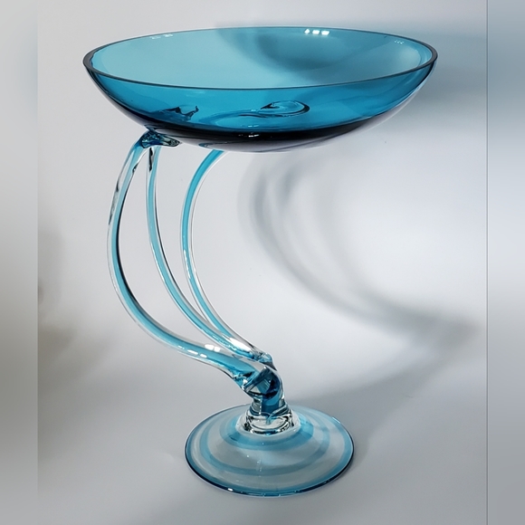 10 3/4" Tall Large Handcrafted Blown Art Glass Aqua Blue Jelly Fish🎐 Bowl 🇵🇱 - Picture 8 of 13